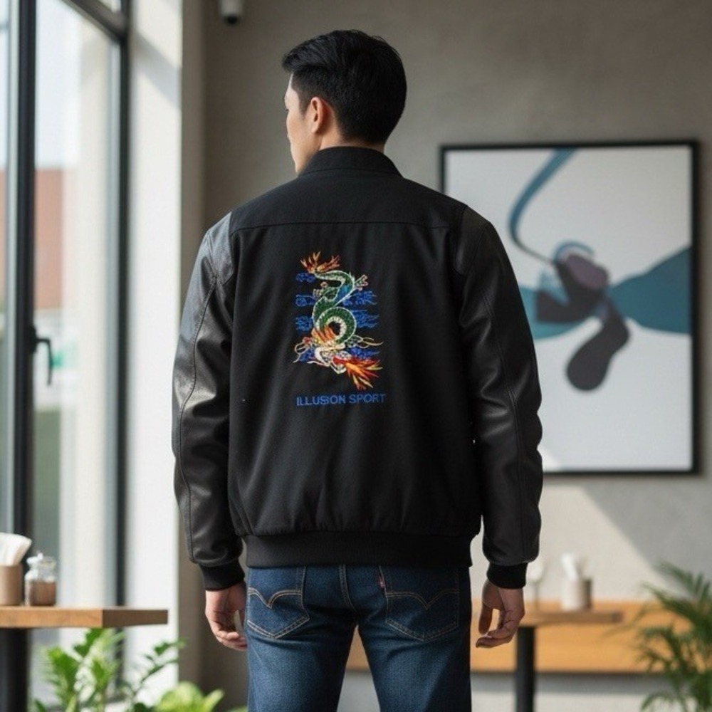 Vintage Illusion Men's Bomber Jacket Dragon Embroidered Leather Sleeves Size 3XL